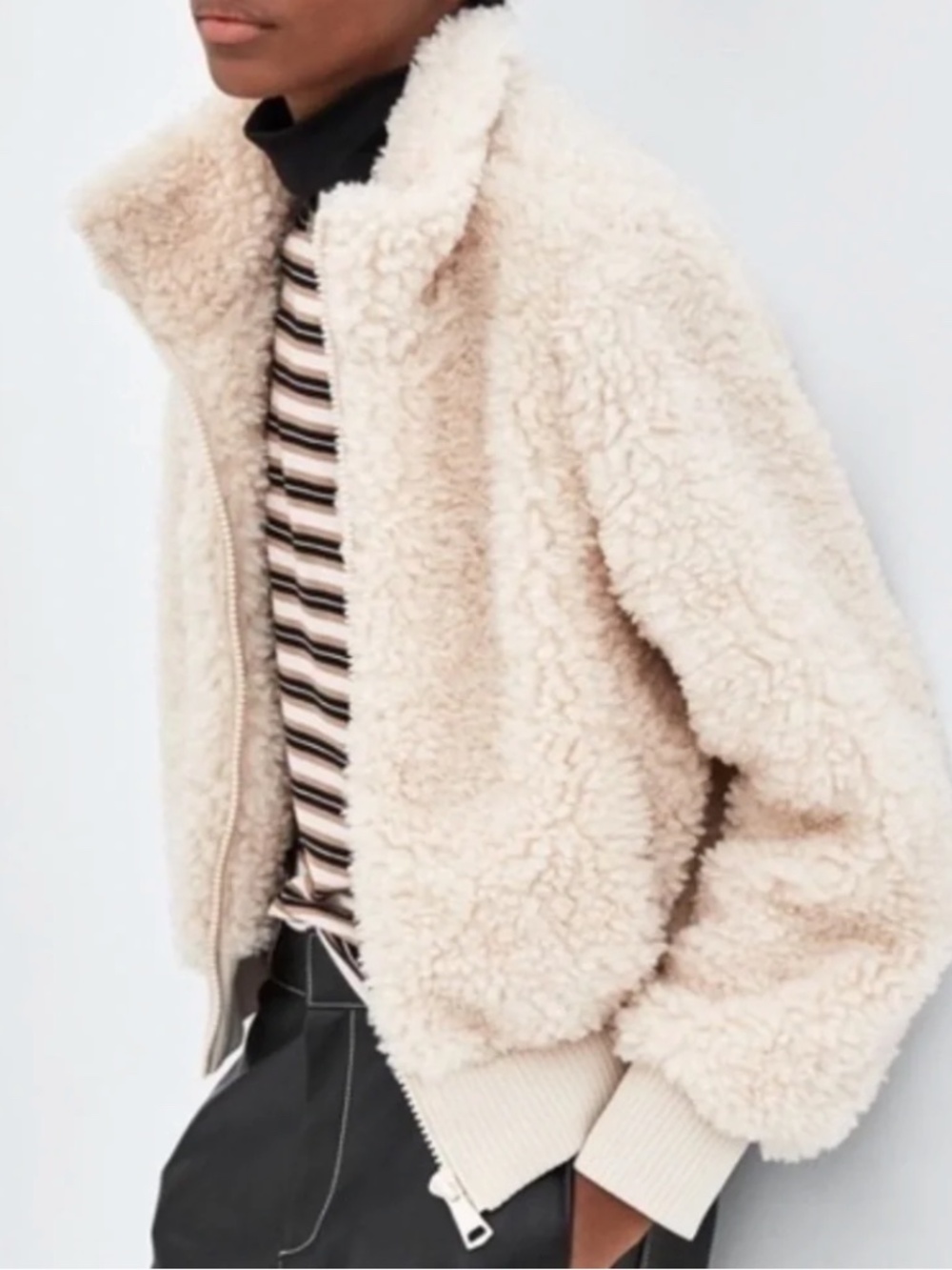 Zara Cream Teddy Jacket with Ribbed Hem